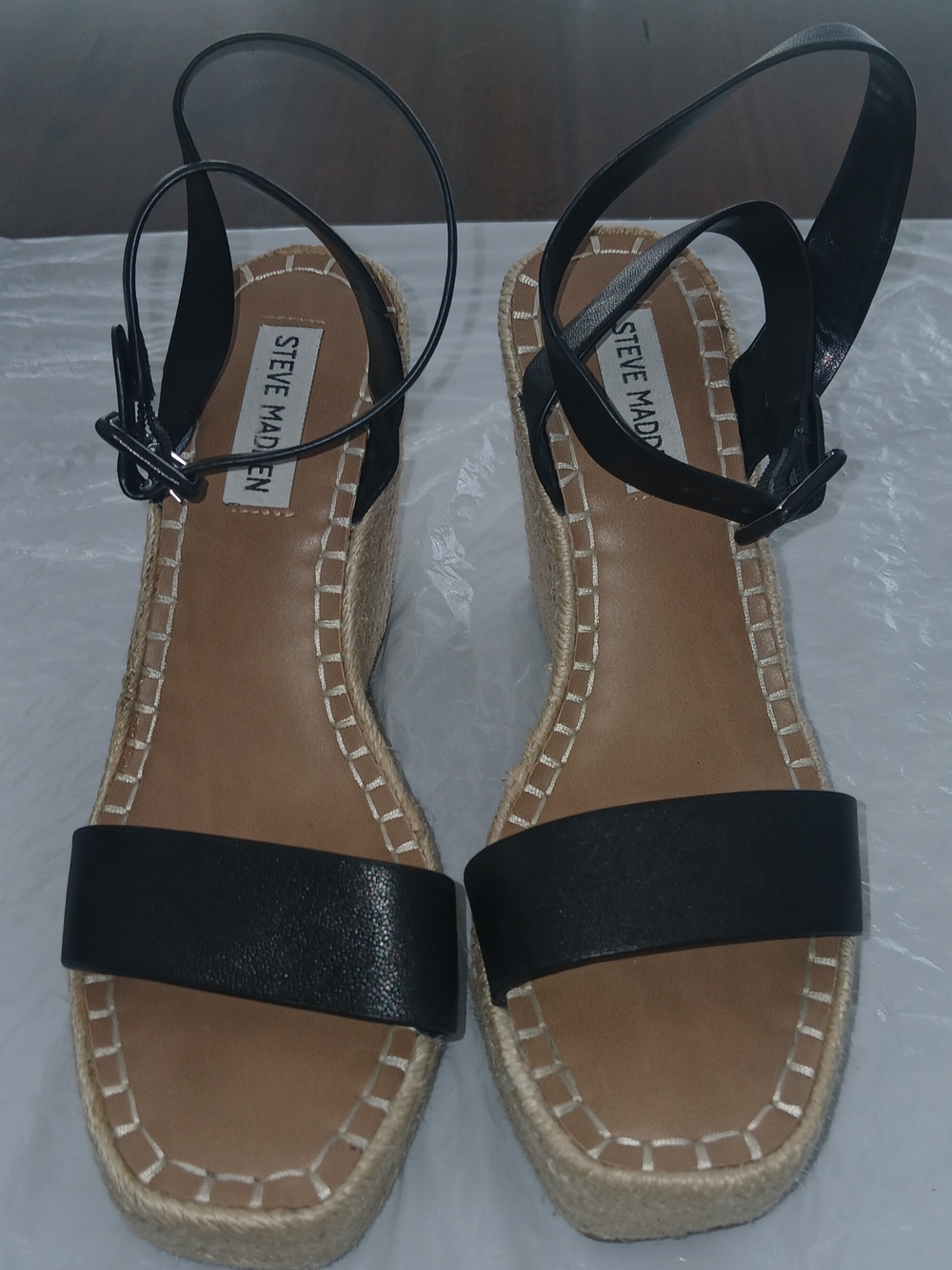 Steve Madden Black Espadrille Wedge Sandals with Ankle Wrap